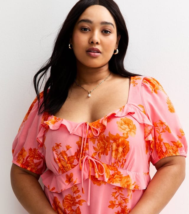 New Look Women's Plus Size Pink Floral Print Ruffle Trim Milkmaid Midi Dress Curves New Look - 2