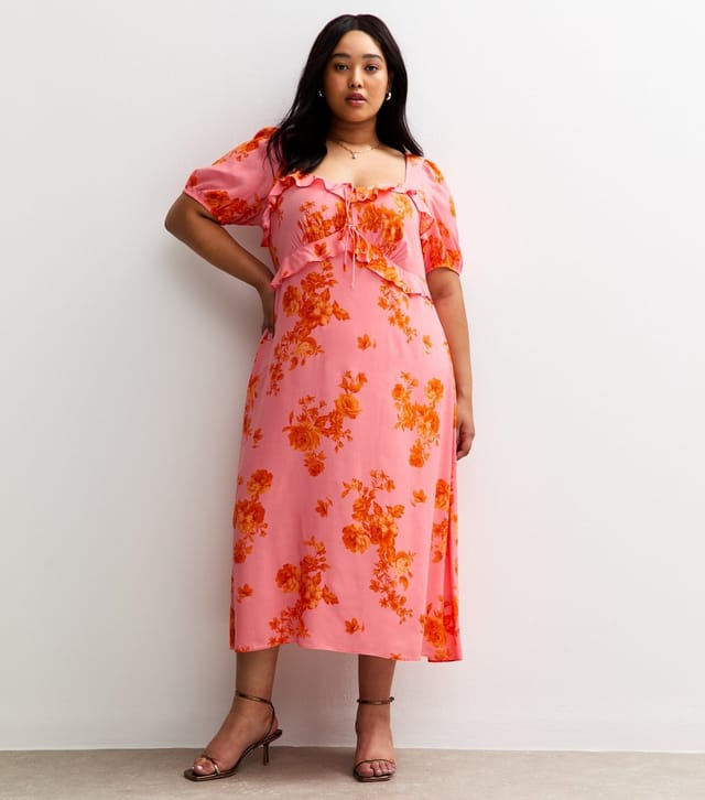 New Look Women's Plus Size Pink Floral Print Ruffle Trim Milkmaid Midi Dress Curves New Look - 3