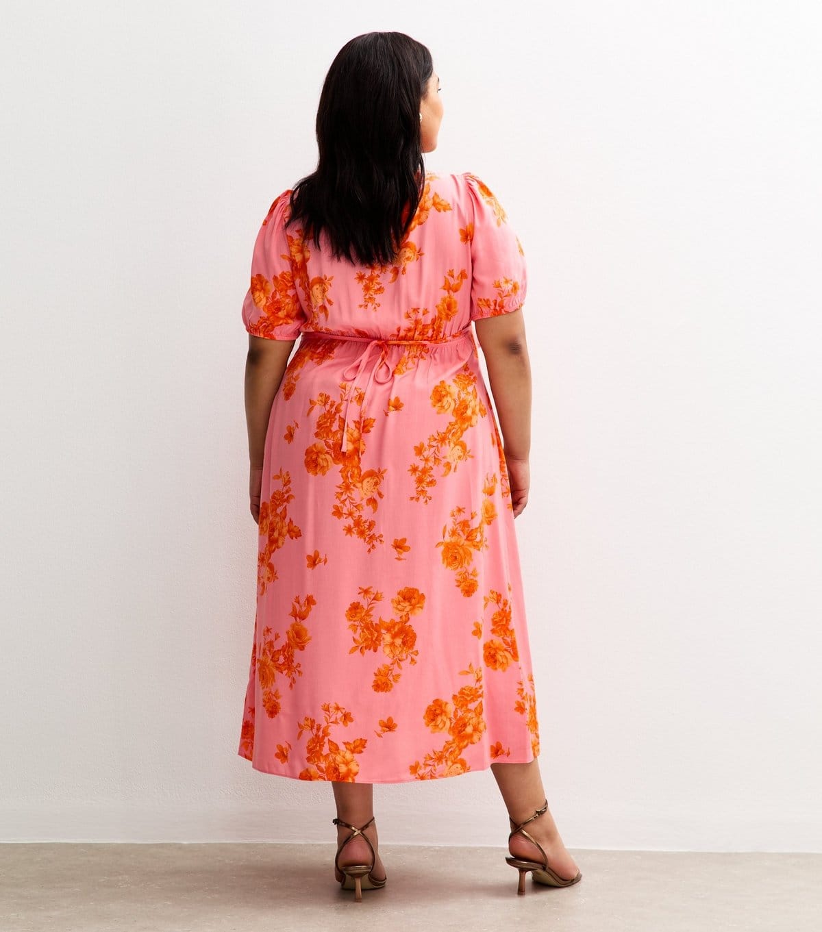 New Look Women's Plus Size Pink Floral Print Ruffle Trim Milkmaid Midi Dress Curves New Look - 4