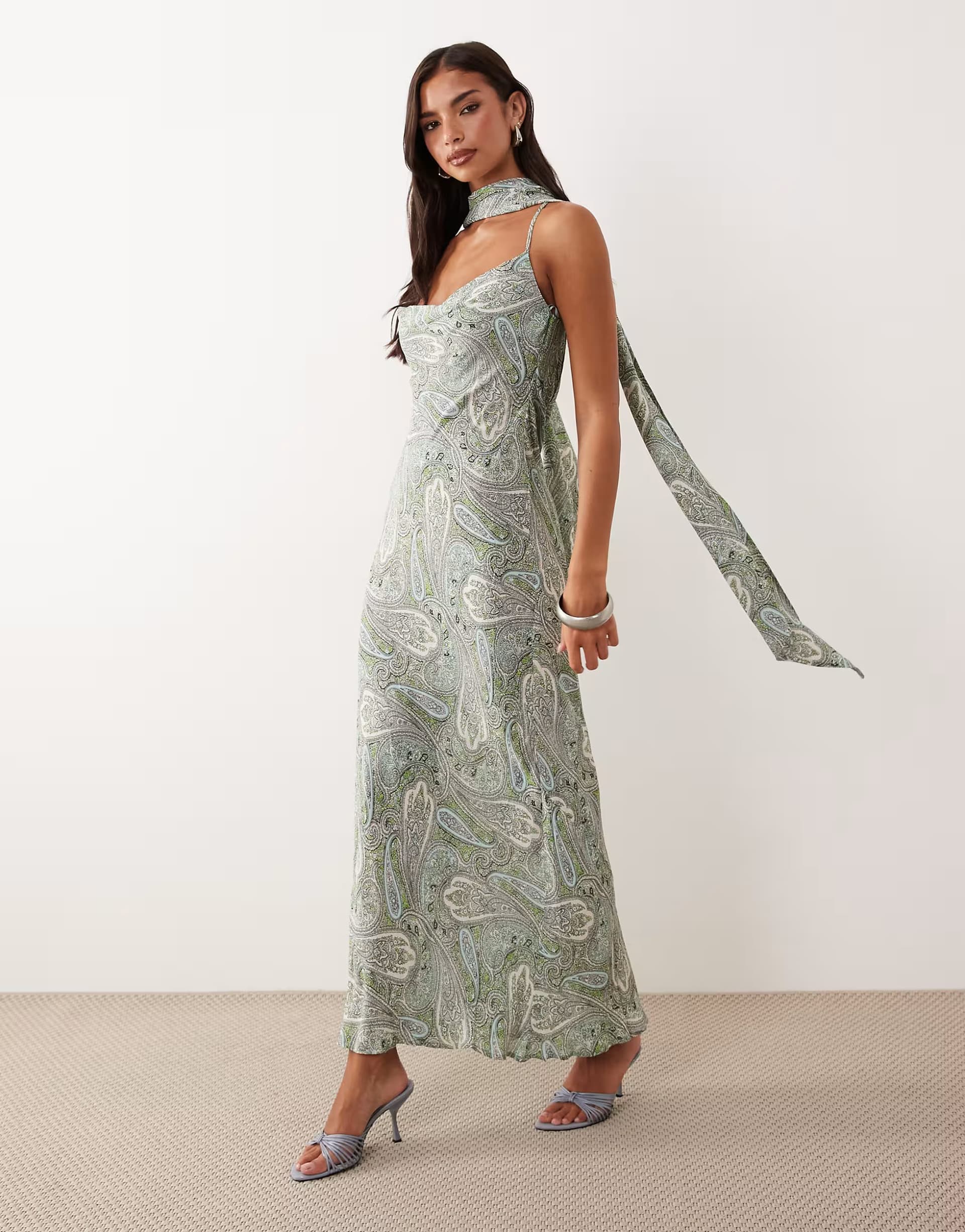 ASOS AFRM Cheryl embellished scarf neck cross back detail maxi dress in aqua print