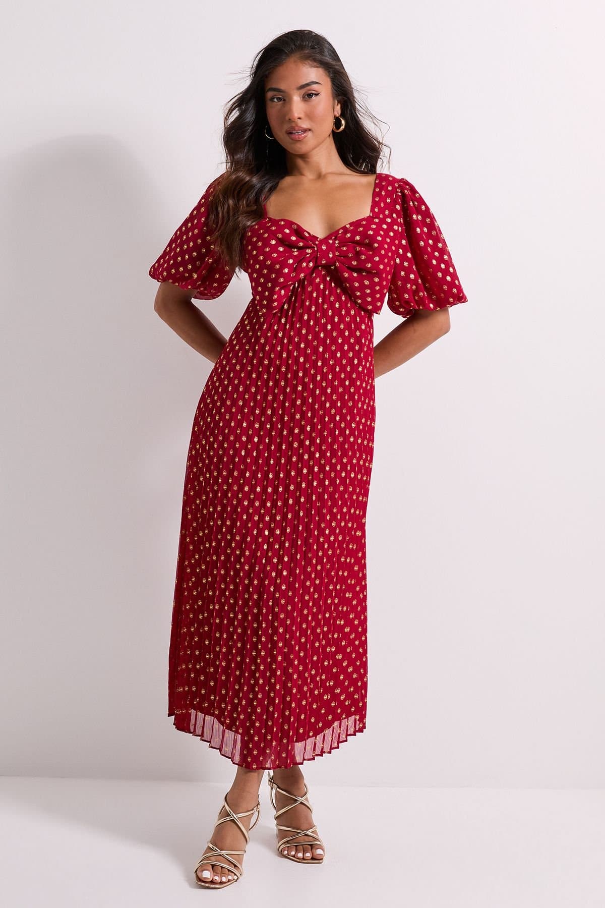 Dorothy Perkins Dorothy Perkins Women's Petite DP Luxe Bow Front Puff Sleeve Metallic Midaxi Dress in Red