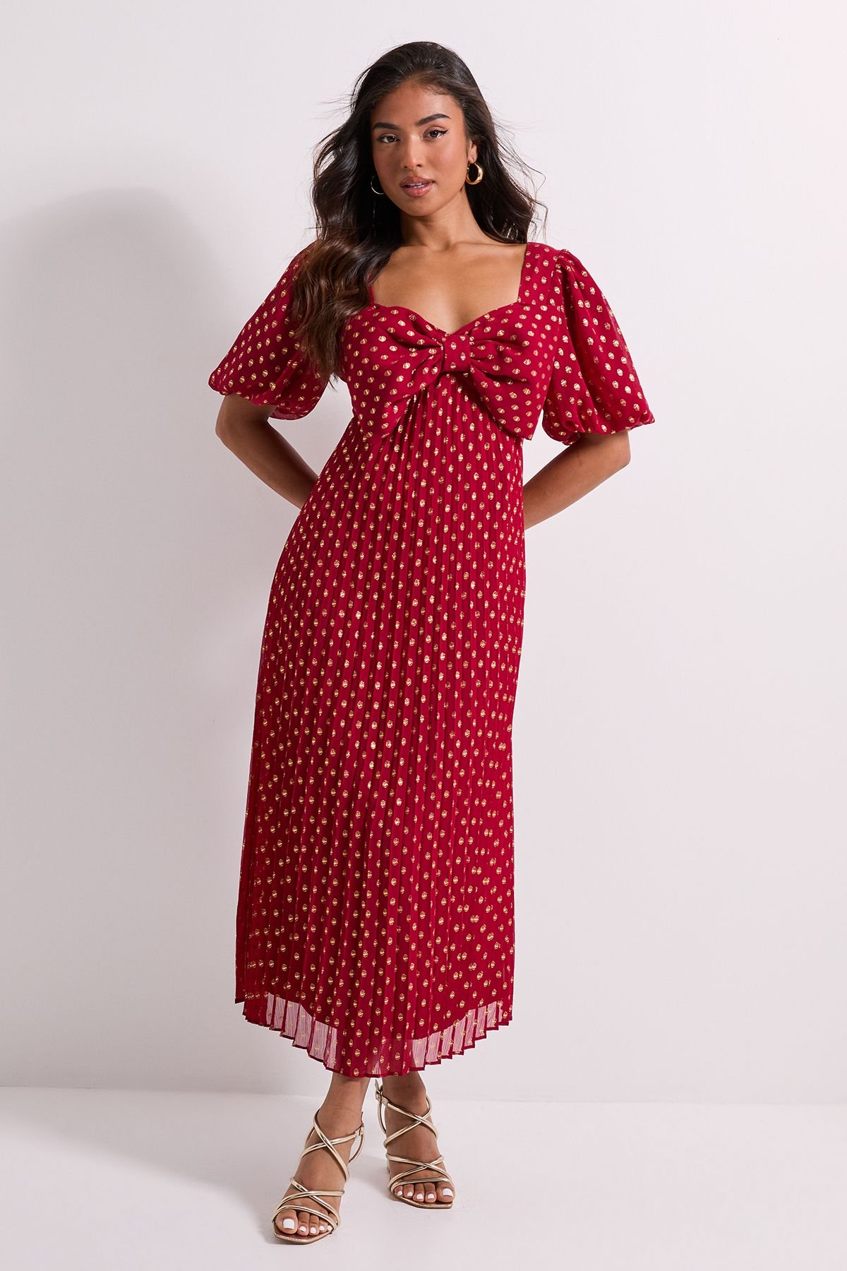 Dorothy Perkins Dorothy Perkins Women's Petite DP Luxe Bow Front Puff Sleeve Metallic Midaxi Dress in Red - 2