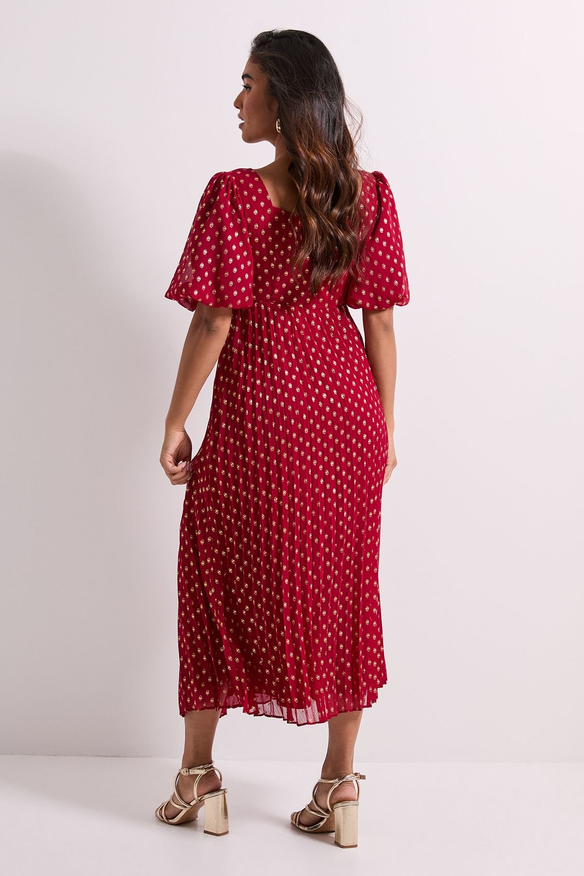 Dorothy Perkins Dorothy Perkins Women's Petite DP Luxe Bow Front Puff Sleeve Metallic Midaxi Dress in Red - 3