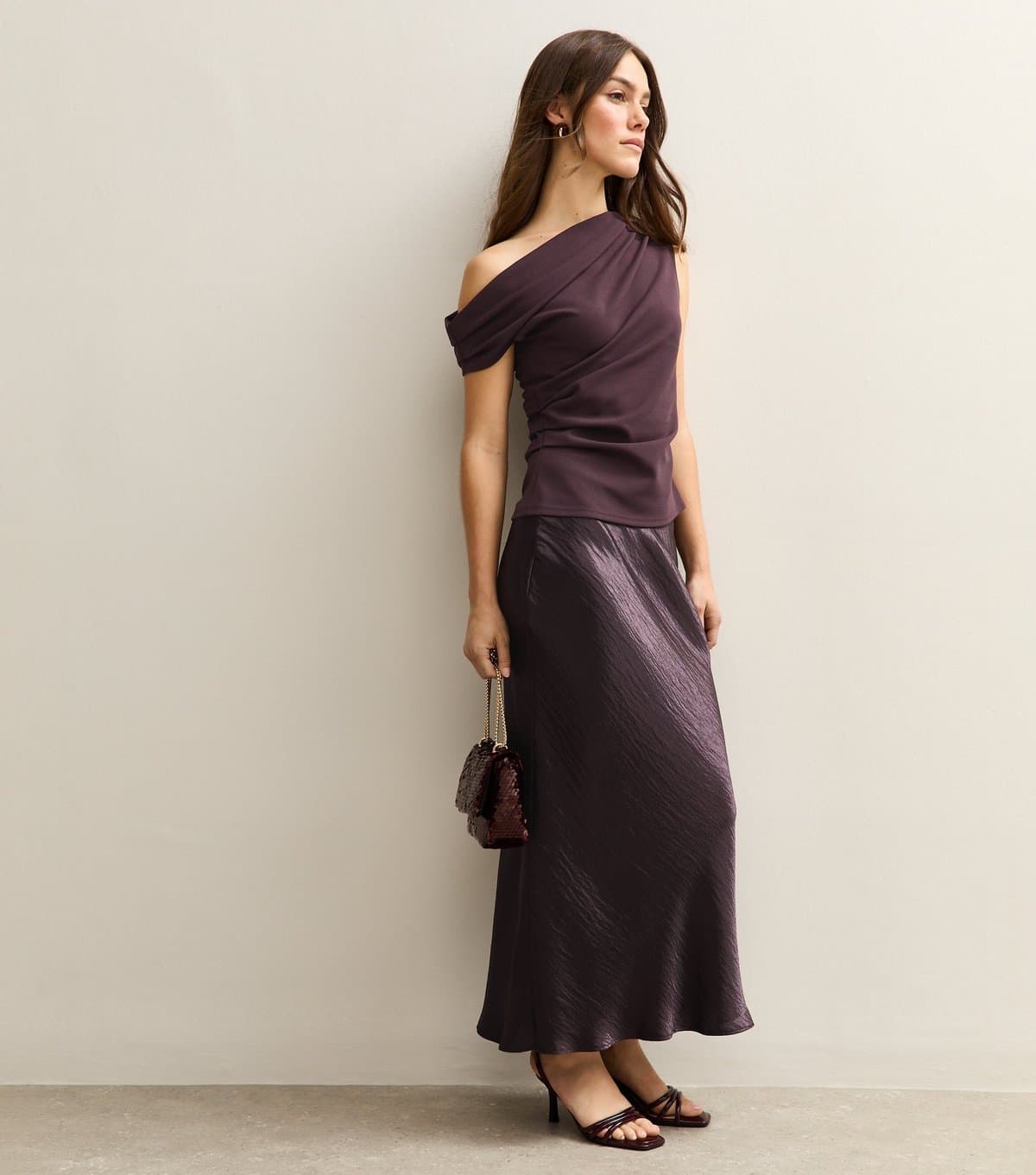 New Look New Look Dark Burgundy Textured Satin Midi Skirt