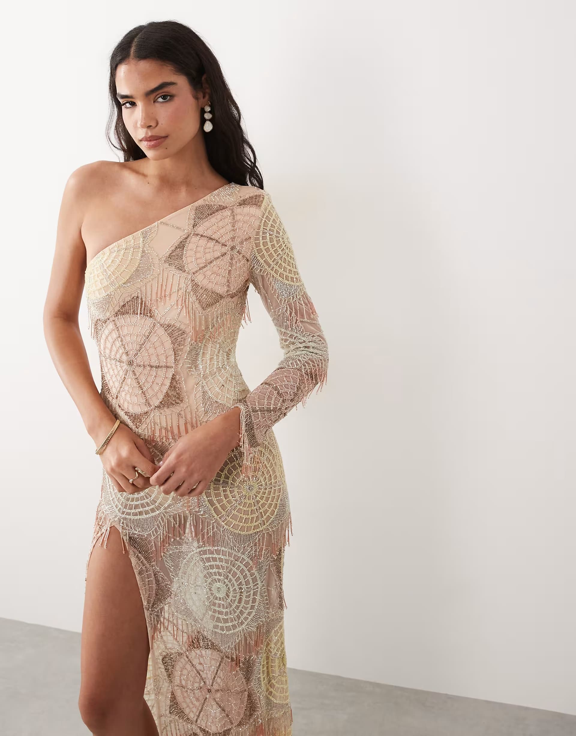 ASOS ASOS LUXE embellished crochet one shoulder maxi dress with split in pastel beads