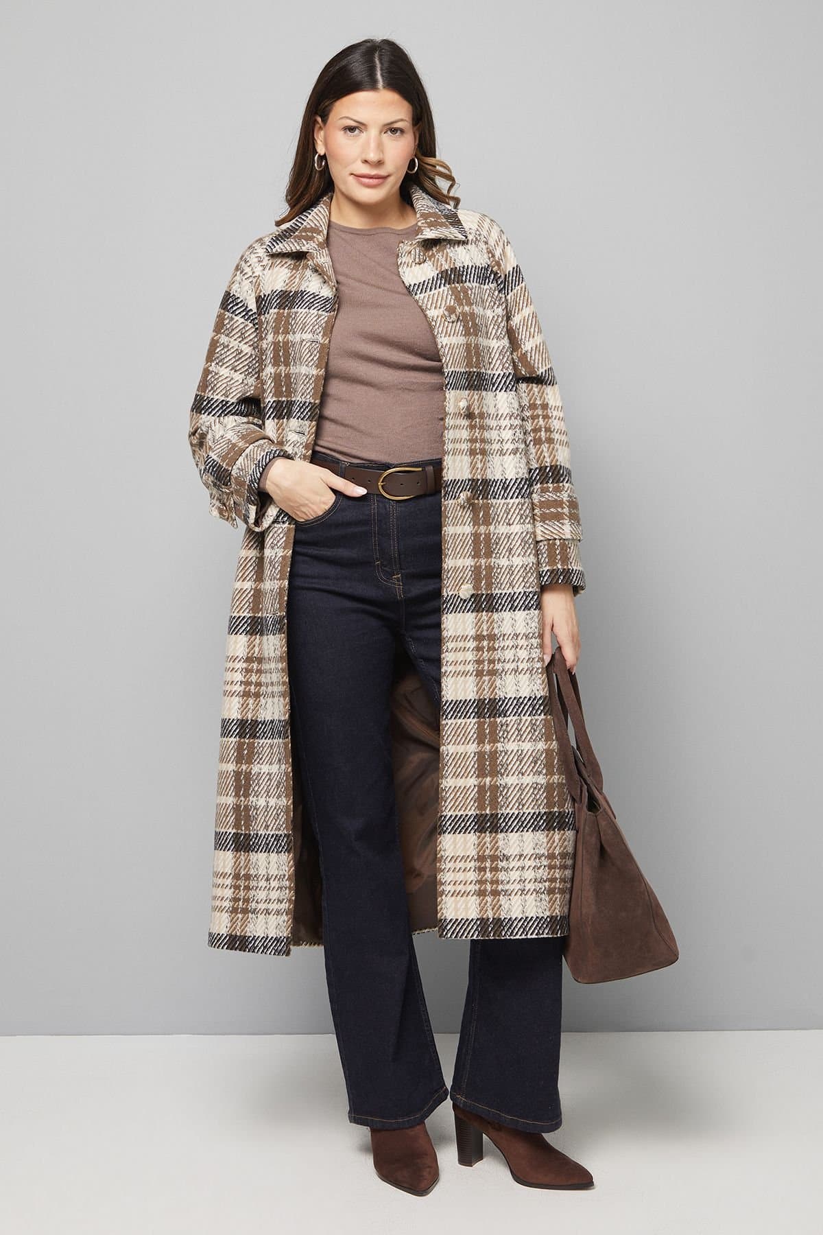 Wallis Wallis Women's Button Through Check Coat in Brown