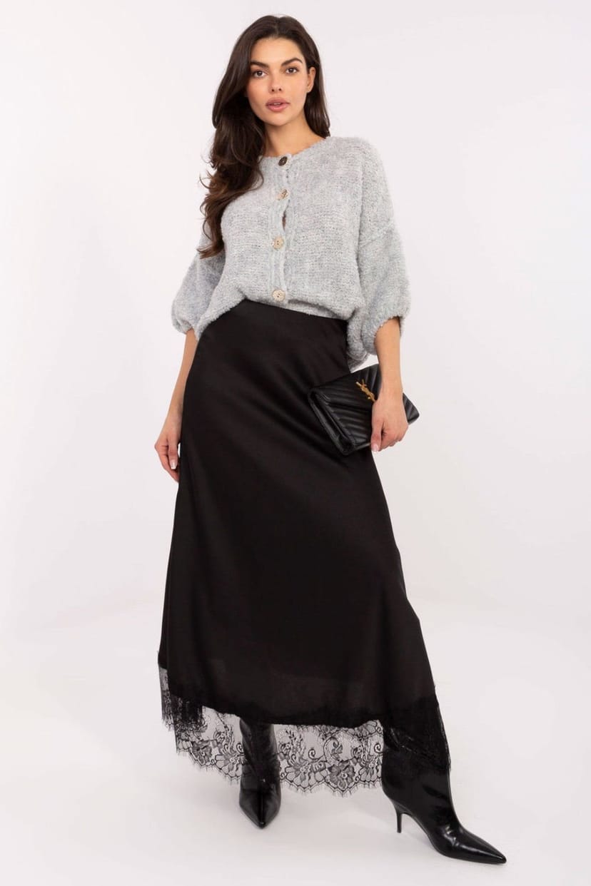 Love Lace Love Lace Women's Satin Maxi Skirt with Lace Hem Elastic Waist in Black - 1