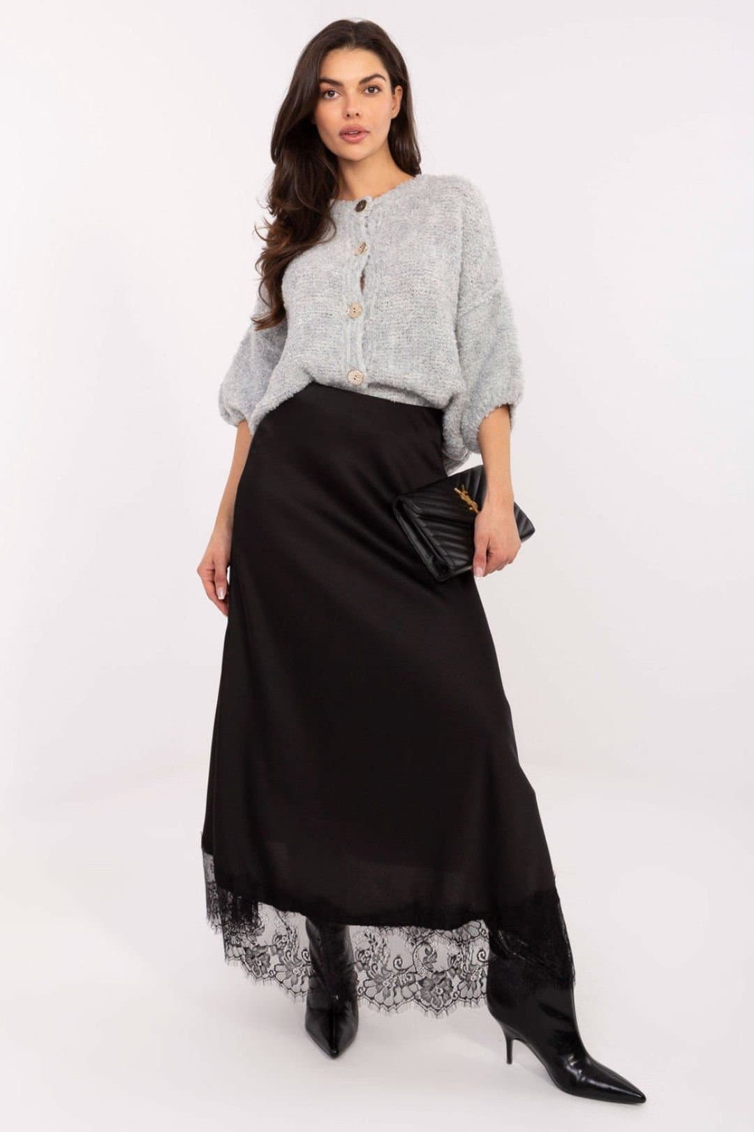 Love Lace Love Lace Black Satin Maxi Skirt with Lace Hem