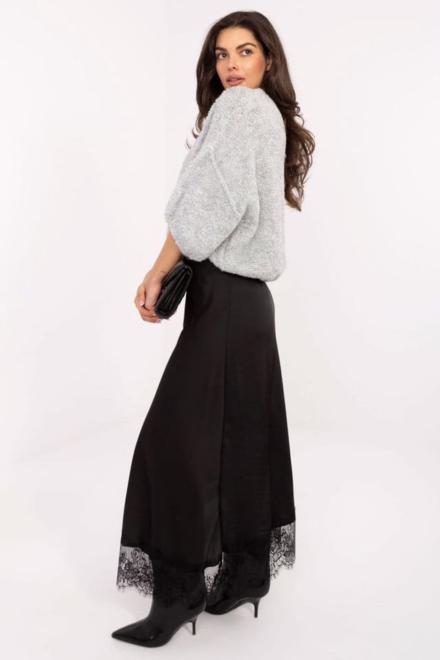 Love Lace Love Lace Women's Satin Maxi Skirt with Lace Hem Elastic Waist in Black - 2