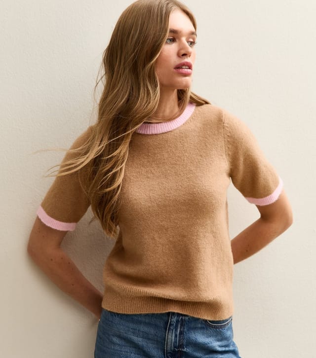 New Look Women's Camel and Pink Knit Contrast Rib T-Shirt New Look - 2
