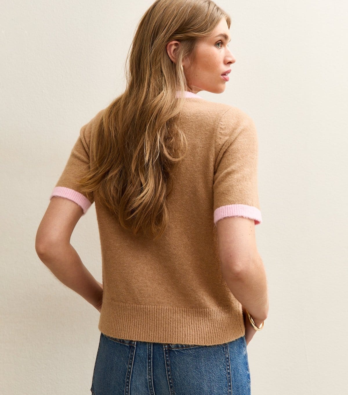 New Look Women's Camel and Pink Knit Contrast Rib T-Shirt New Look - 4