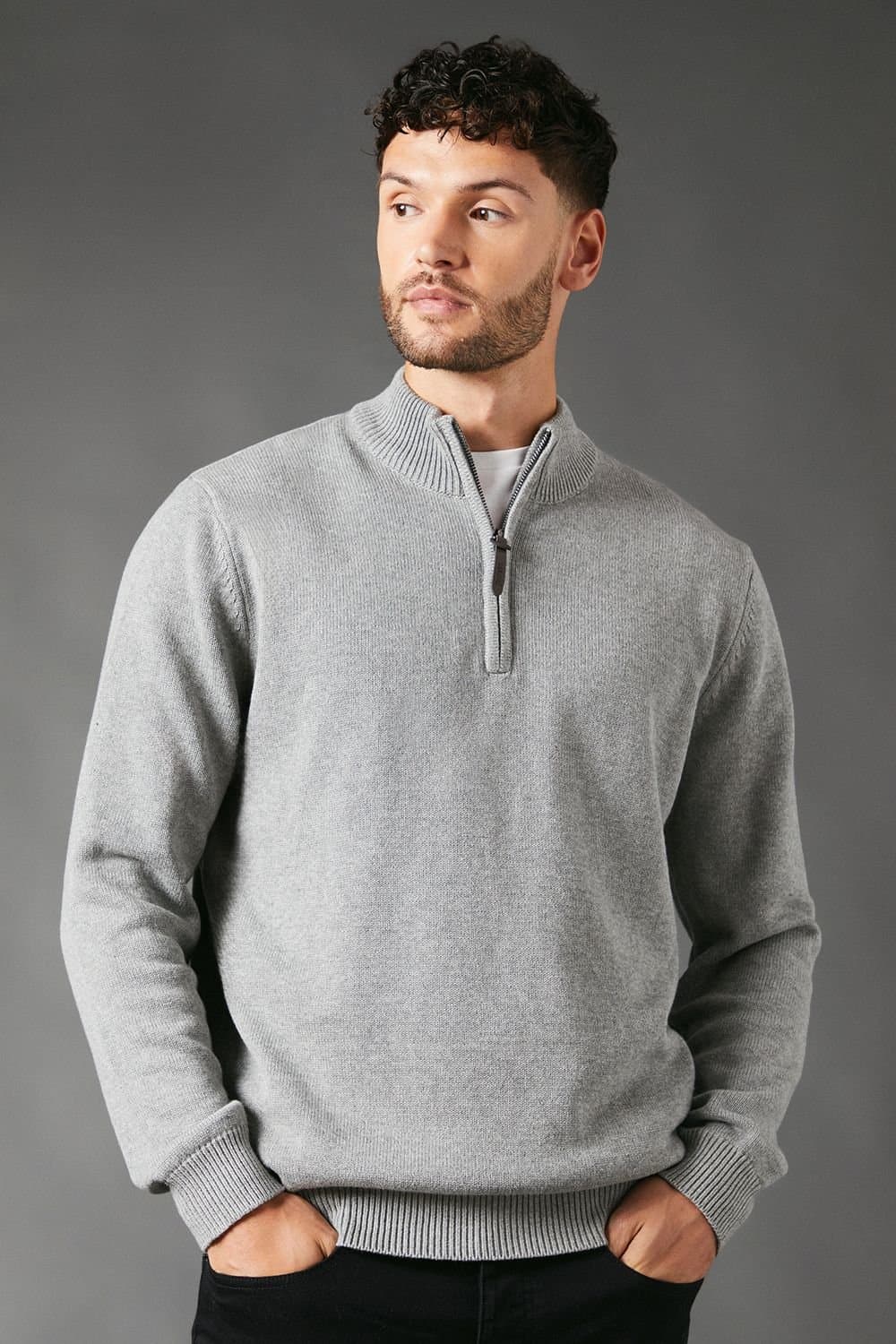 Maine Maine Men's Light Grey Cotton Half Zip Funnel Jumper