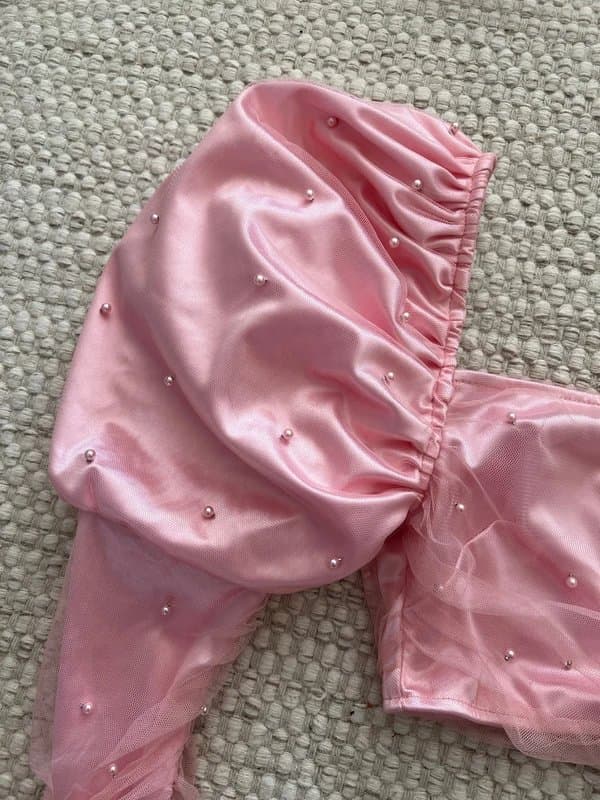 ASOS Stunning ASOS extreme puff shoulder pink crop top with pearls