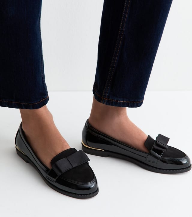 New Look Women's Black Patent Faux Leather Hardware Detail Almond Toe Loafers Vegan New Look - 2