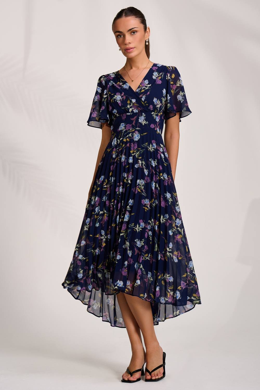 Jolie Moi Jolie Moi Women's Printed Chiffon Pleated Maxi Dress in Navy - 2