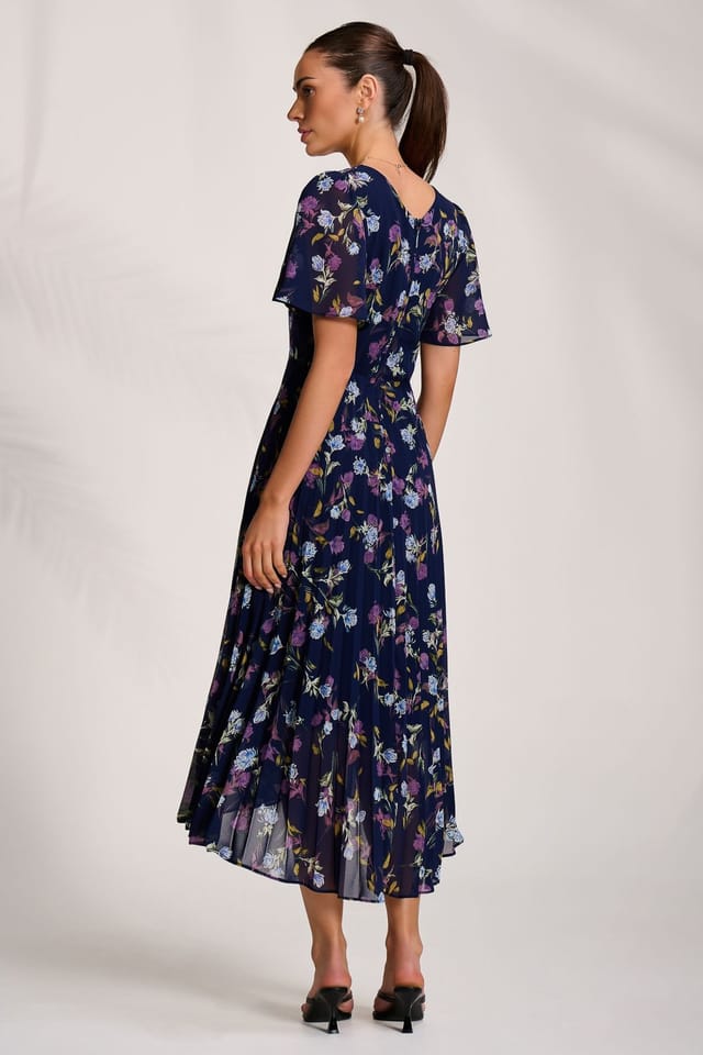 Jolie Moi Jolie Moi Women's Printed Chiffon Pleated Maxi Dress in Navy - 2