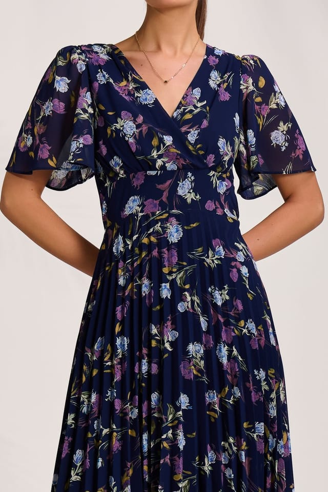 Jolie Moi Jolie Moi Women's Printed Chiffon Pleated Maxi Dress in Navy - 3