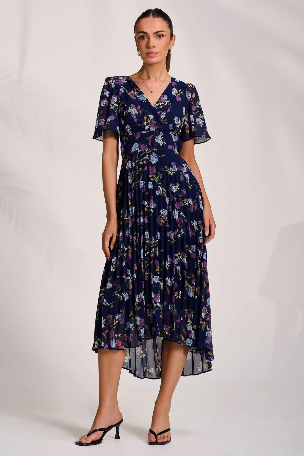 Jolie Moi Jolie Moi Women's Printed Chiffon Pleated Maxi Dress in Navy - 4