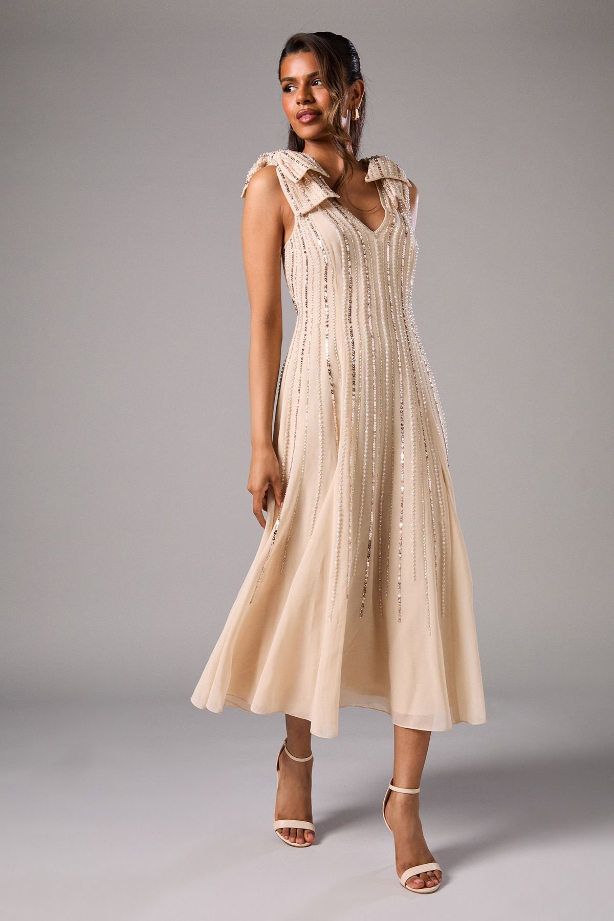 Coast Coast Women's Petite Bow Shoulder Embellished Midi Dress in Champagne - 2