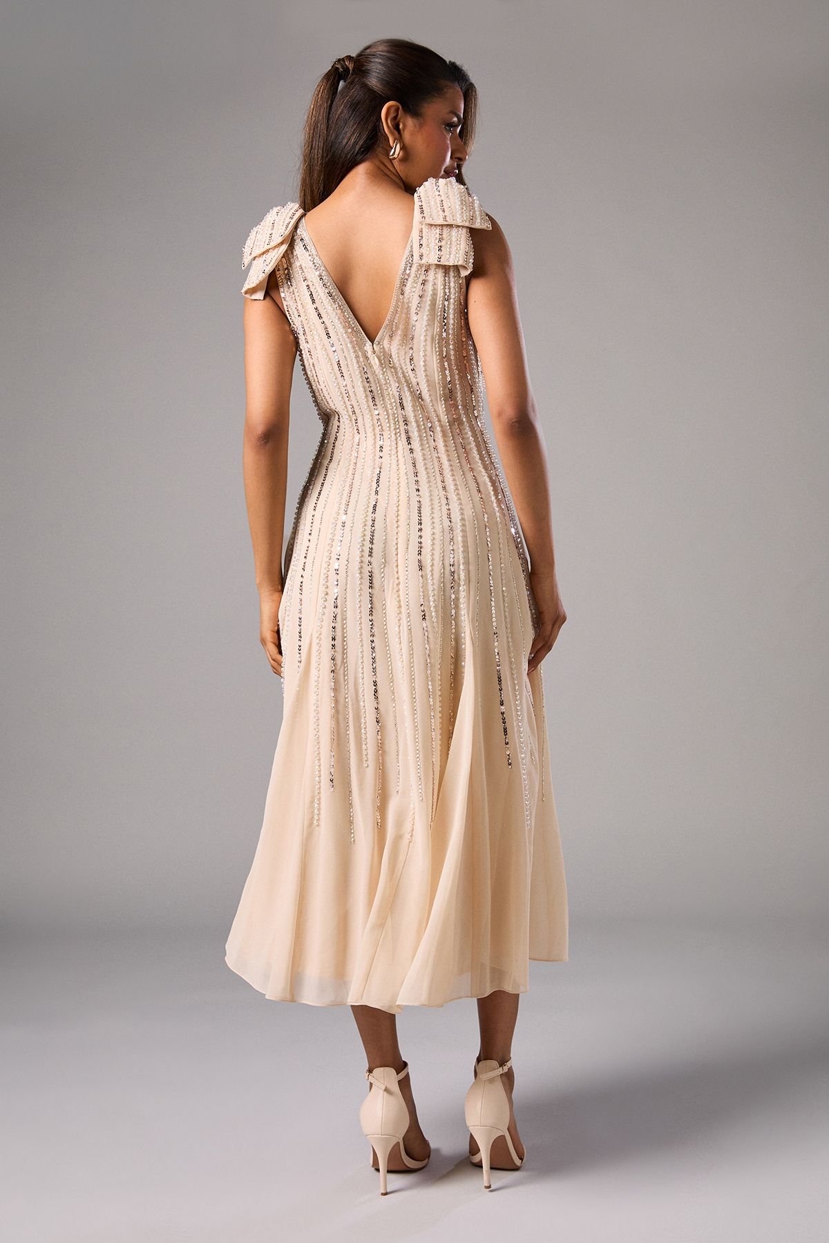 Coast Coast Women's Petite Bow Shoulder Embellished Midi Dress in Champagne - 3