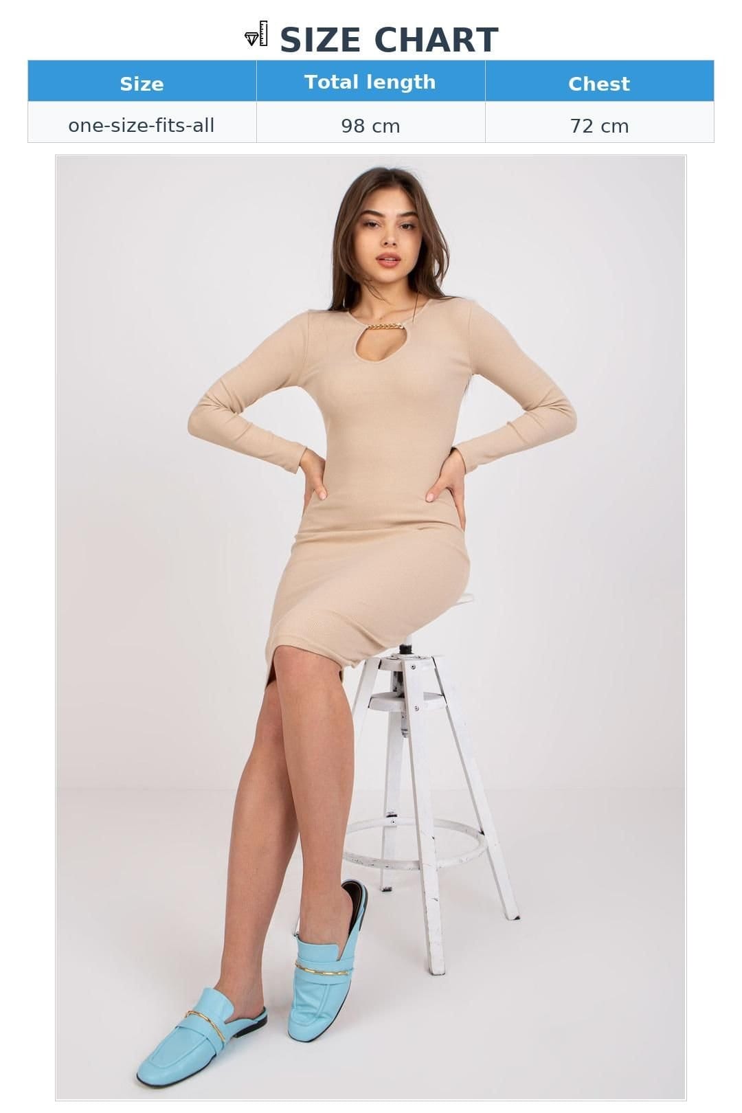 Love Lace Love Lace Women's Ribbed Pencil Cut Long Sleeve Chain Neck Dress in Beige - 4