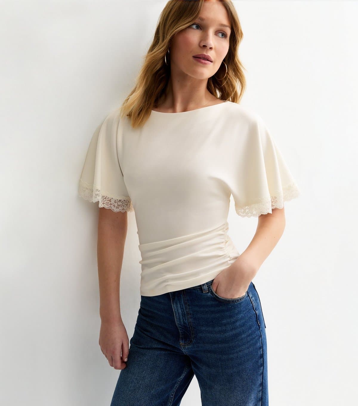 New Look Women's Off White Lace Trim Short Sleeve Corset Top New Look