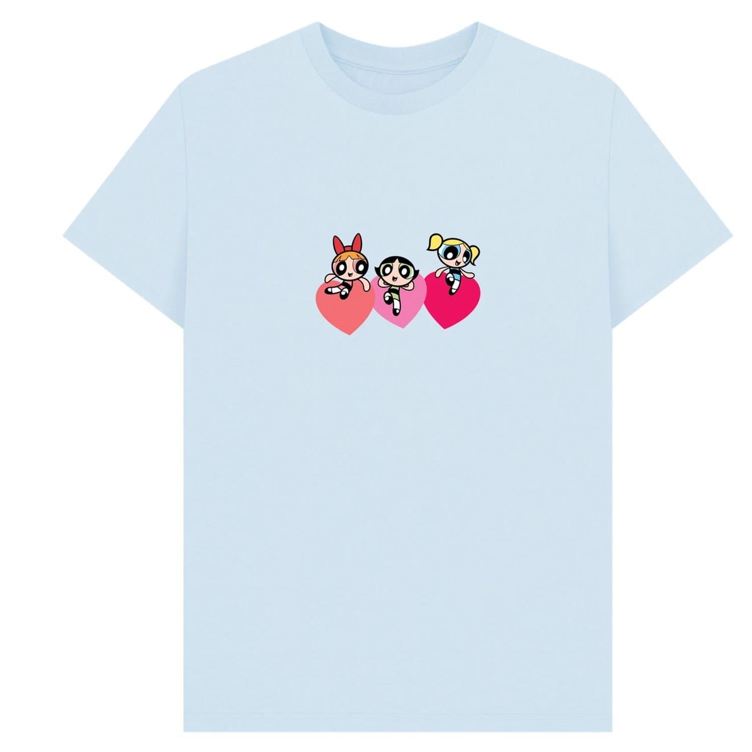Powerpuff Girls Powerpuff Girls Men's Triple Heart T-Shirt in Light Blue