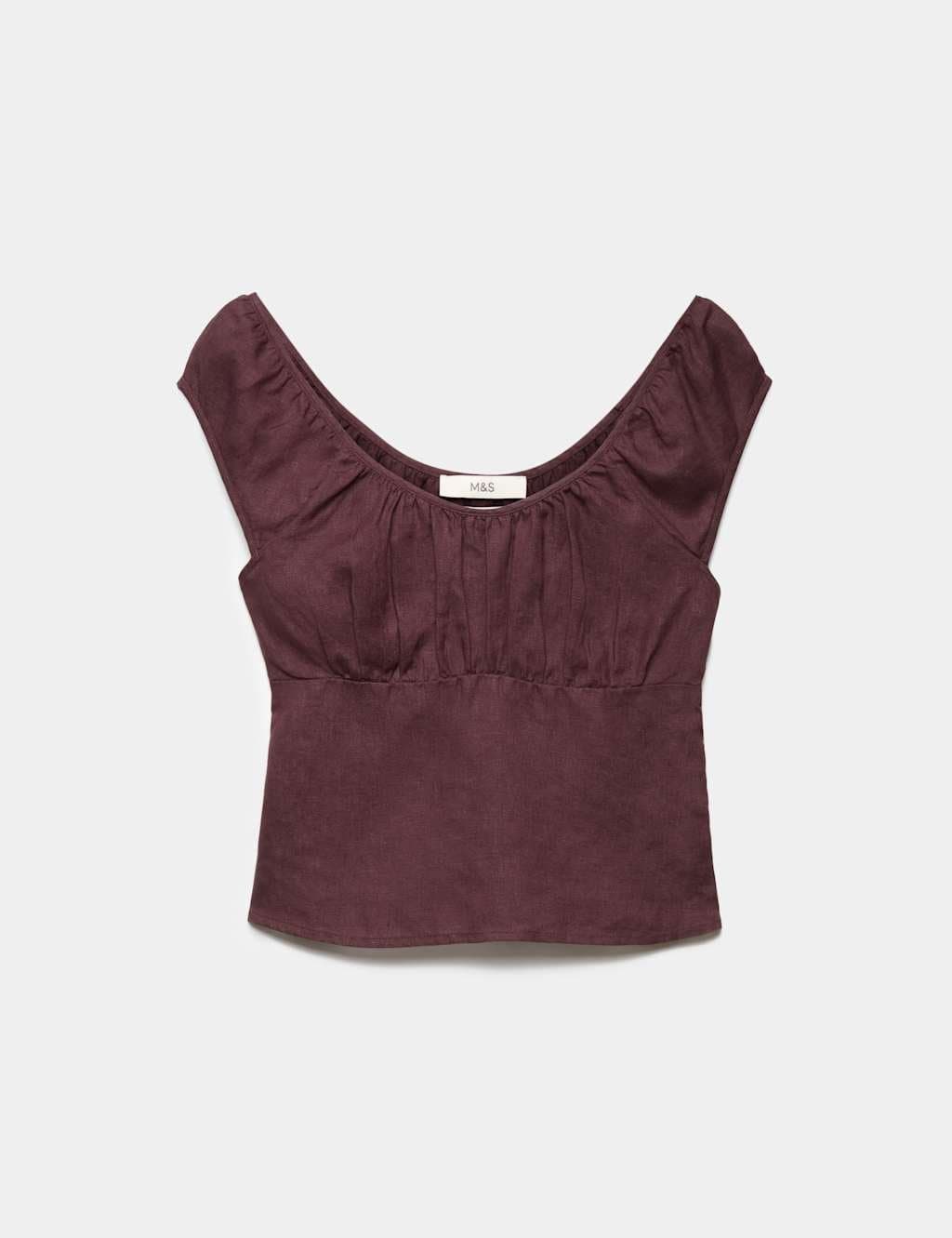 Marks & Spencer M&S Pure Linen Square Neck Ruched Top Peat