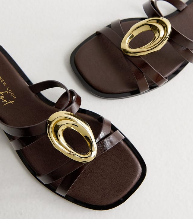 New Look Women's Dark Brown Gold Abstract Buckle Mule Sandals New Look - 3