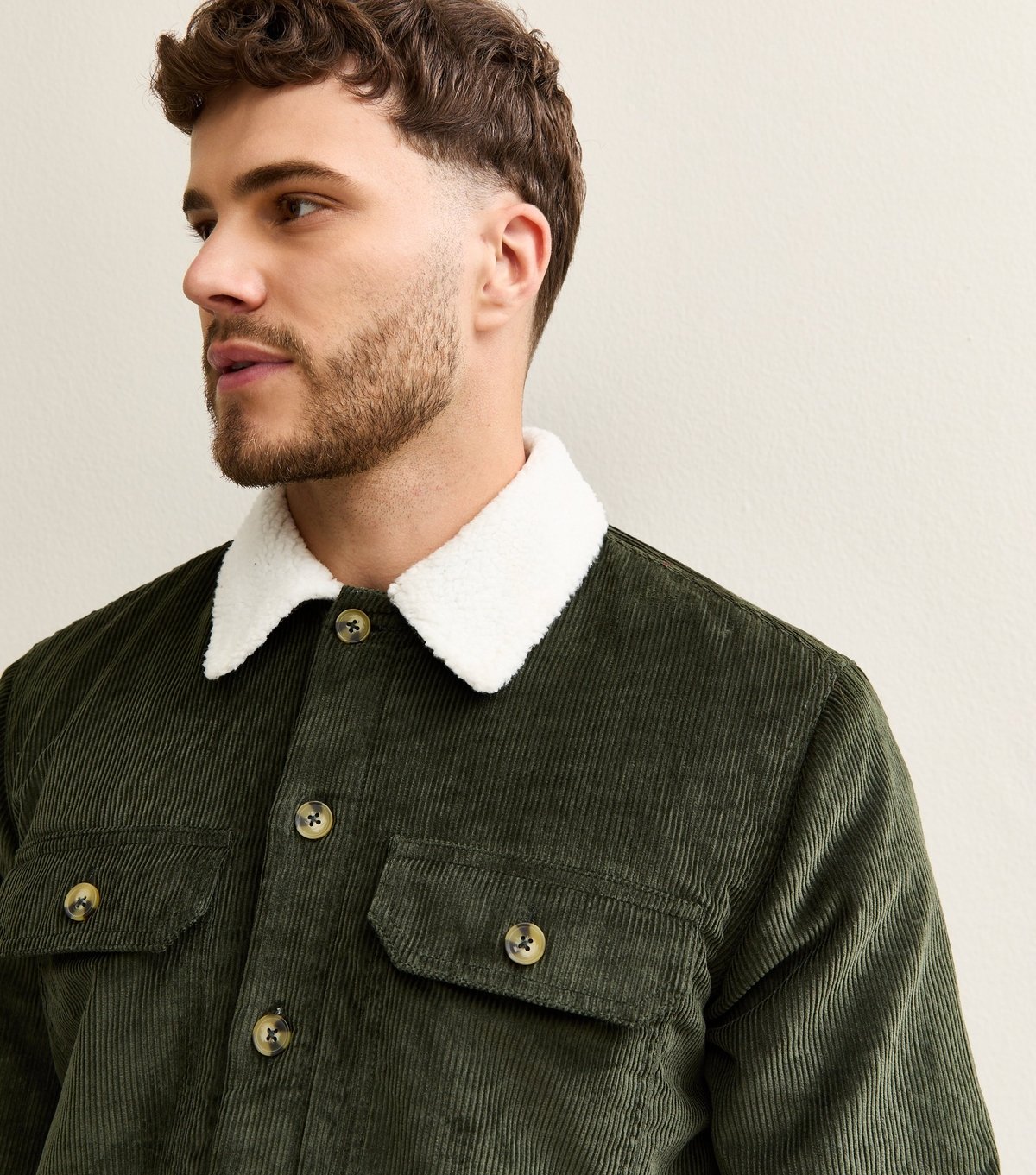 New Look Men's Khaki Relaxed Corduroy Contrast Borg Collar Jacket New Look - 2