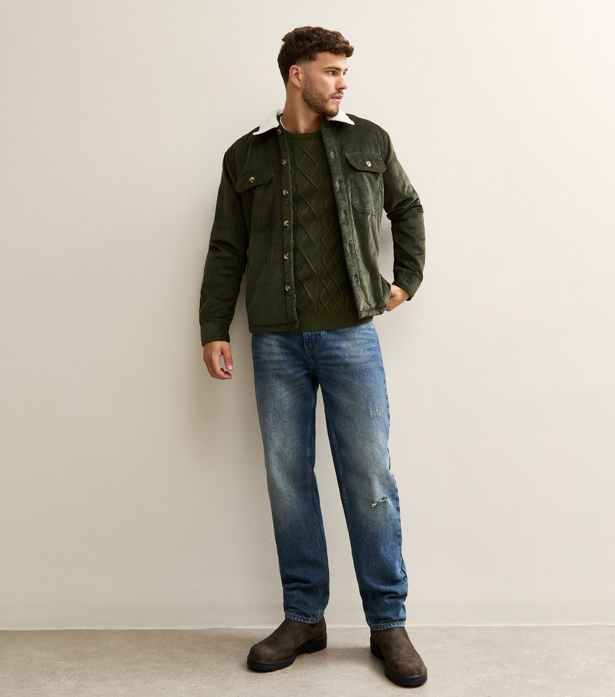 New Look Men's Khaki Relaxed Corduroy Contrast Borg Collar Jacket New Look - 3