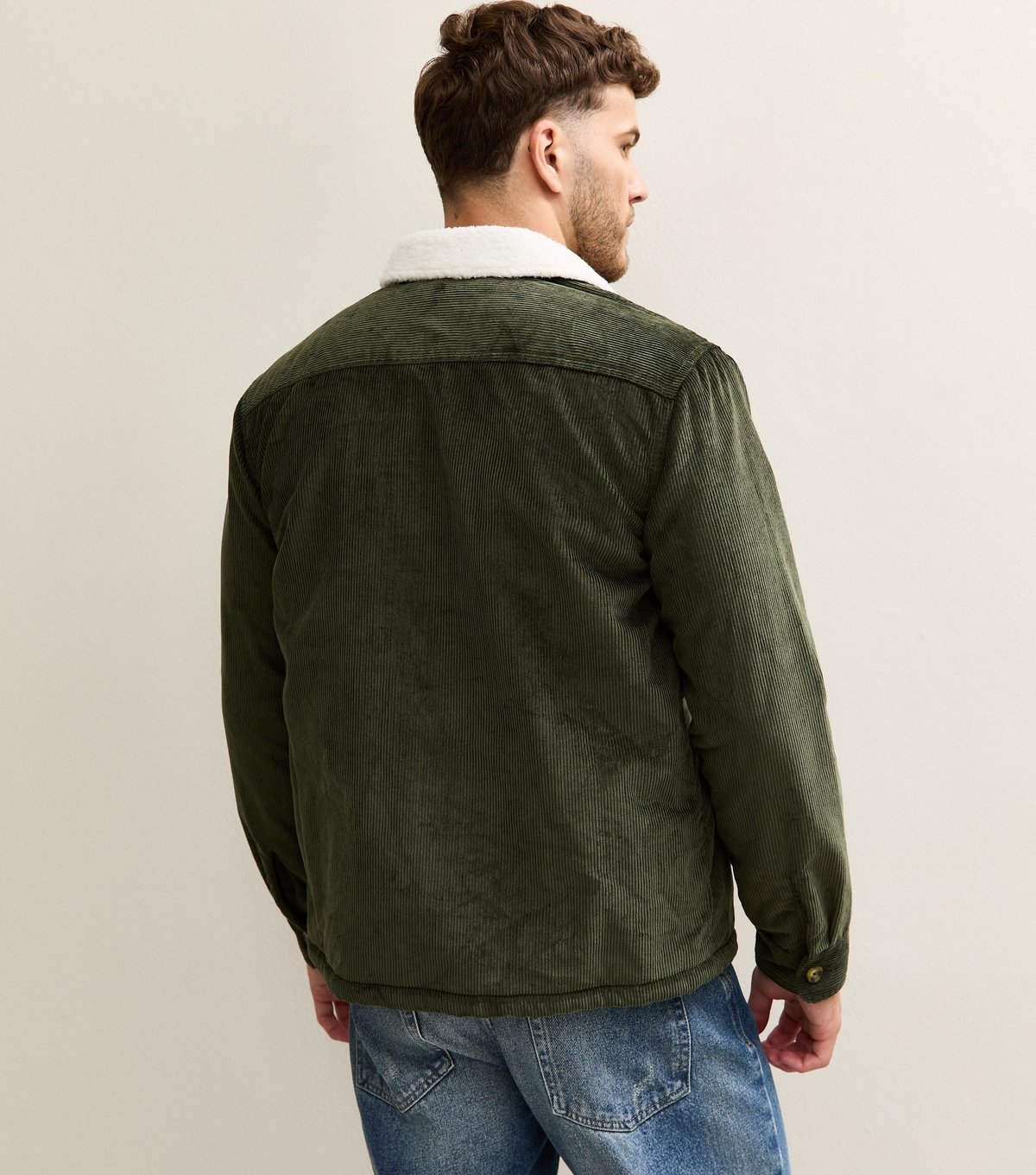 New Look Men's Khaki Relaxed Corduroy Contrast Borg Collar Jacket New Look - 4