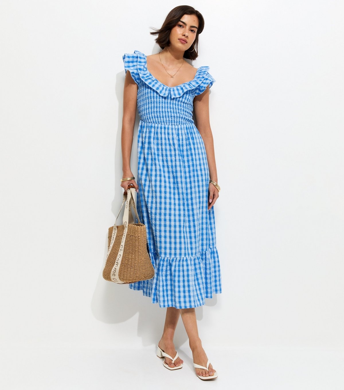 New Look Women's Blue Cotton Gingham Ruffled Neck Midi Dress New Look - 1