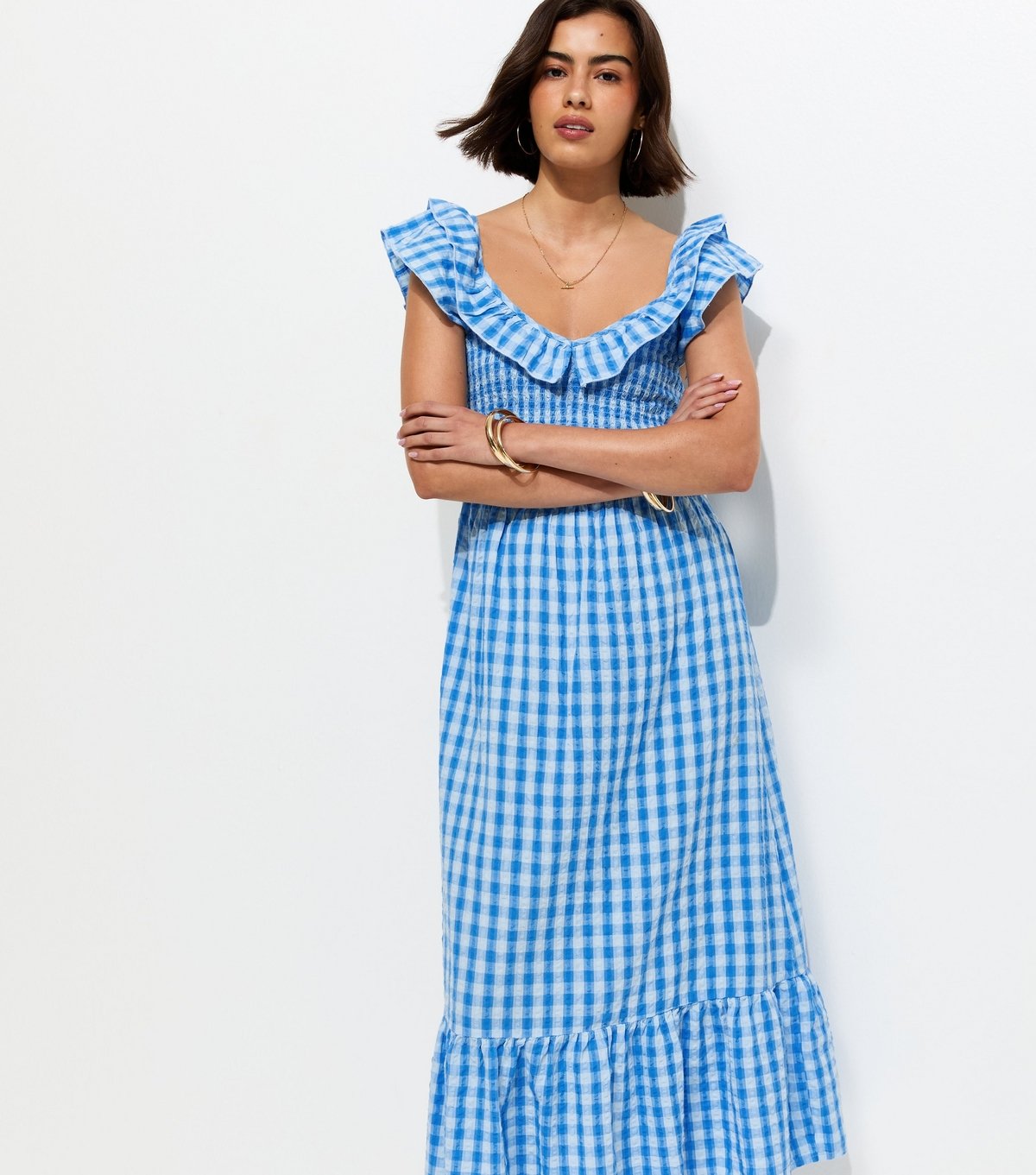 New Look Women's Blue Cotton Gingham Ruffled Neck Midi Dress New Look - 2