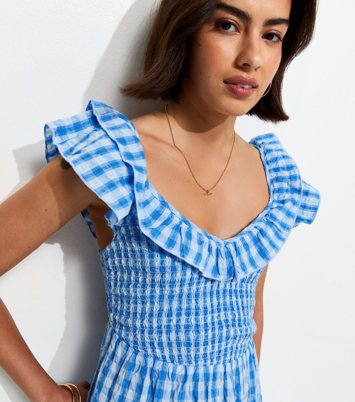 New Look Women's Blue Cotton Gingham Ruffled Neck Midi Dress New Look - 3