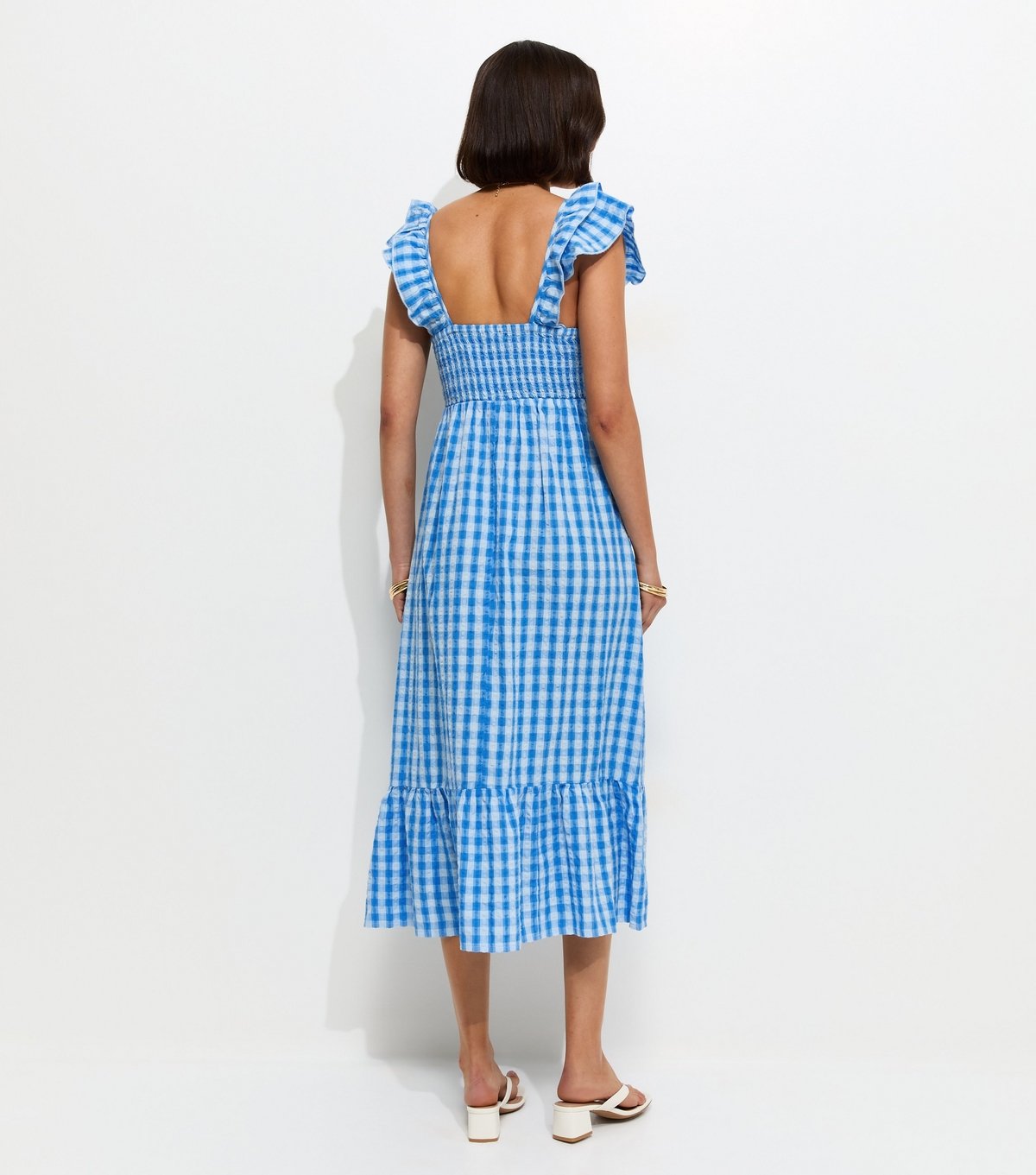 New Look Women's Blue Cotton Gingham Ruffled Neck Midi Dress New Look - 4