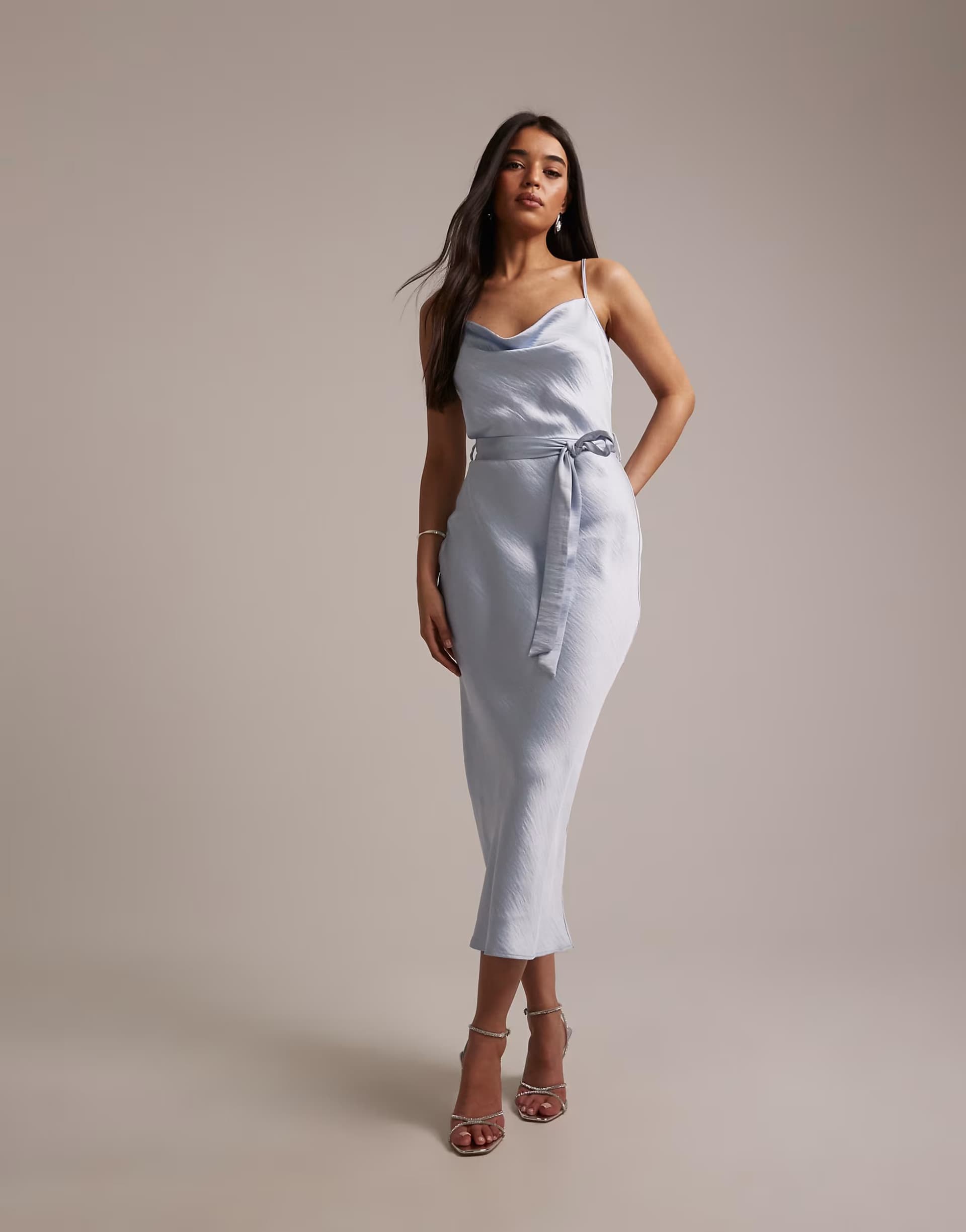 ASOS TFNC Bridesmaid satin cami tie waist midaxi dress in blue