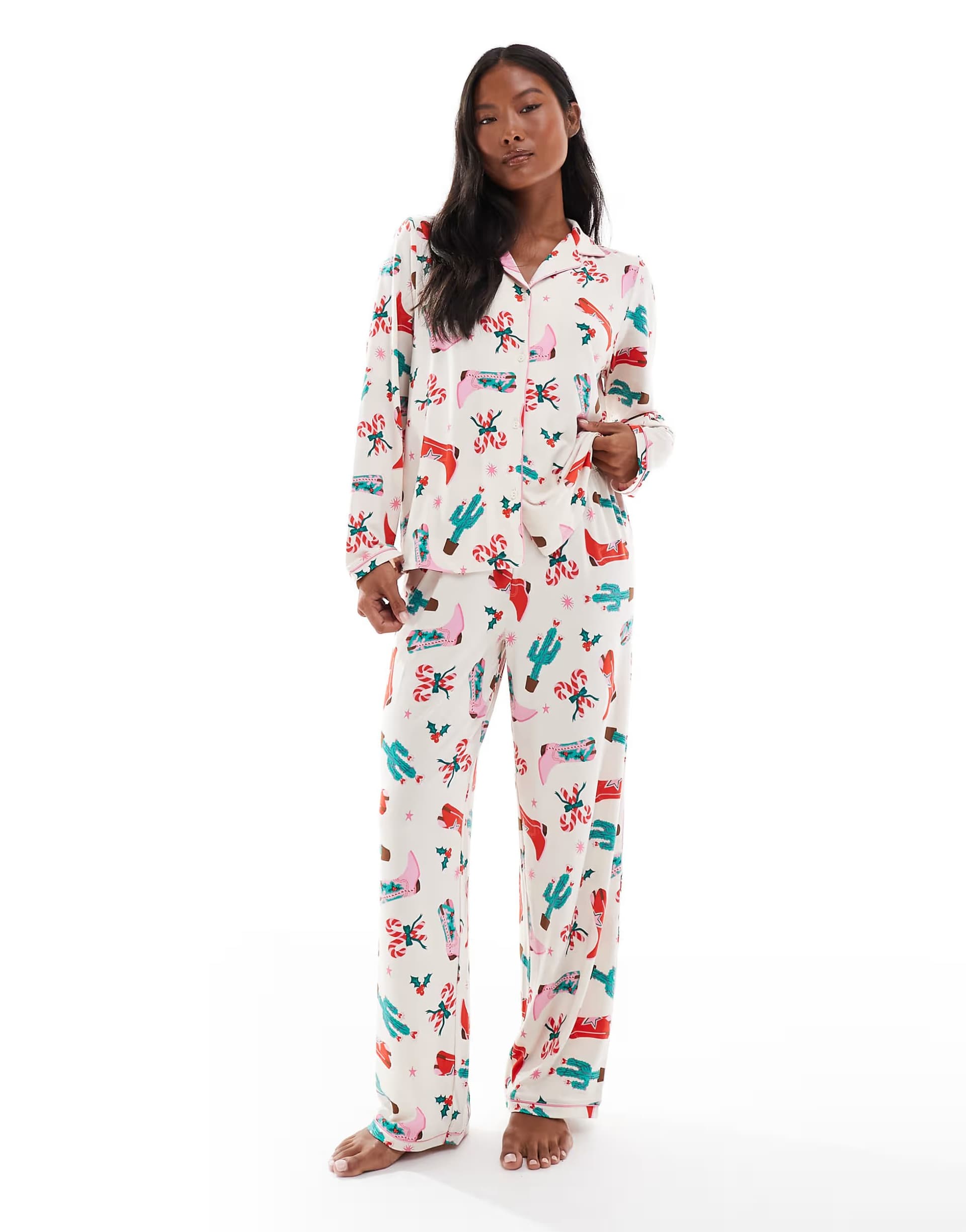 ASOS Urban Threads Petite Christmas long sleeve revere and trouser pyjama set in cowboy print