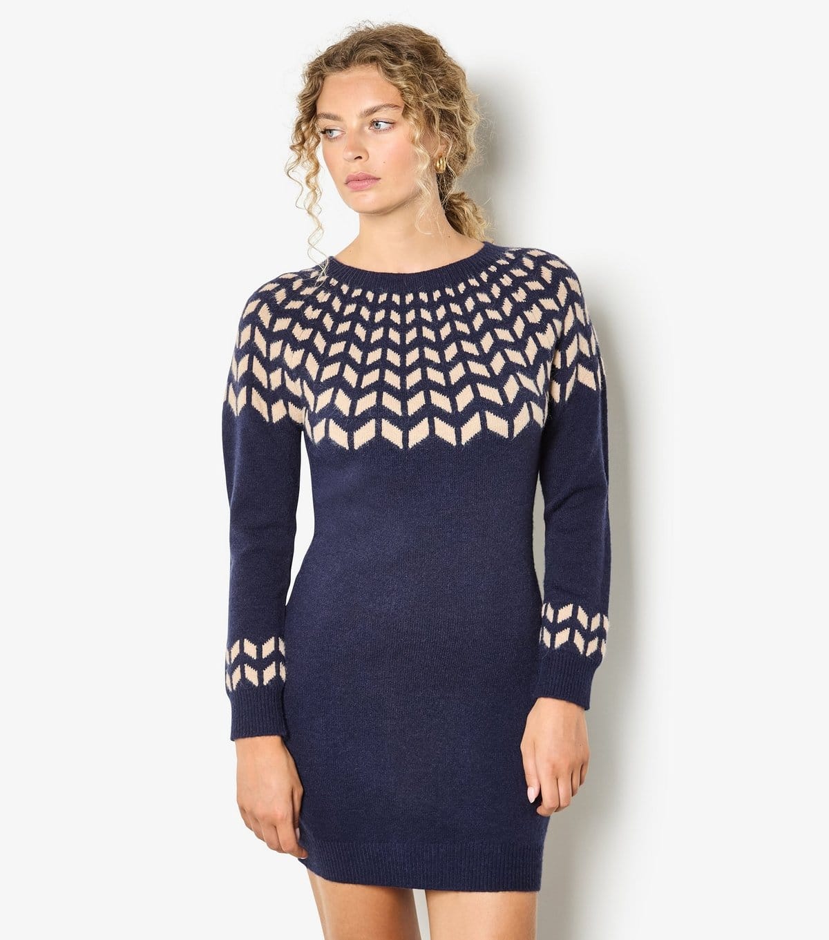 Women's Navy Gradient Chevron Knit Jumper Dress Apricot New Look