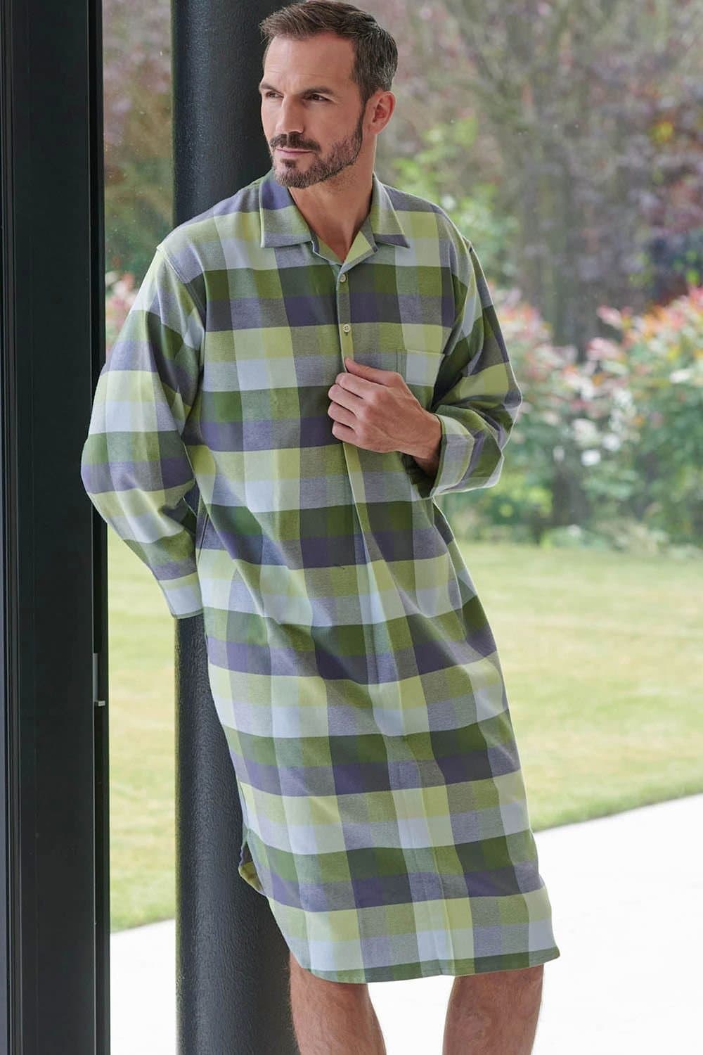 British Boxers British Boxers Men's "Shetland" Check Brushed Cotton Nightshirt in Pale Green