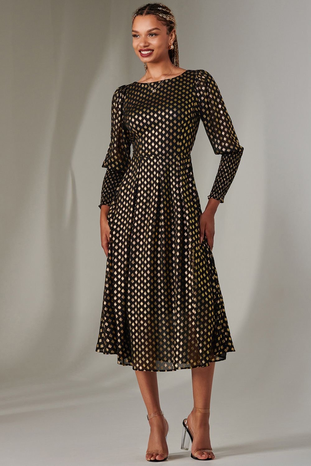 Jolie Moi Jolie Moi Women's Puff Sleeve Gold Spotty Midaxi Dress in Black - 2
