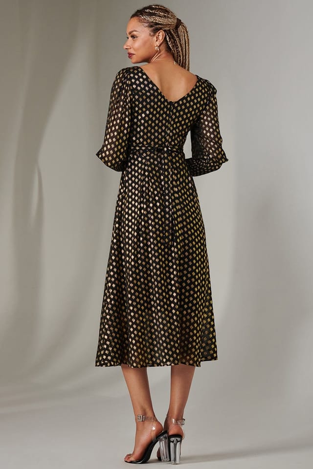 Jolie Moi Jolie Moi Women's Puff Sleeve Gold Spotty Midaxi Dress in Black - 2