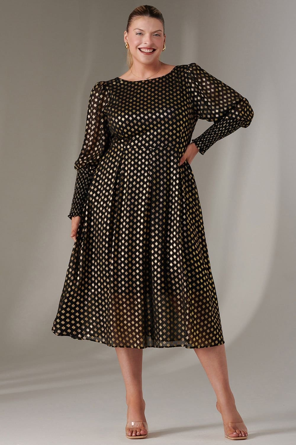 Jolie Moi Jolie Moi Women's Puff Sleeve Gold Spotty Midaxi Dress in Black - 4