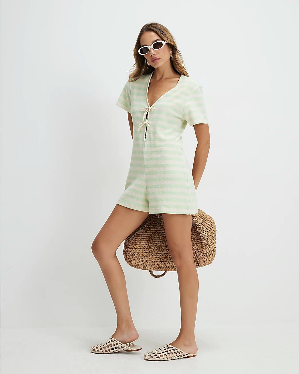 River Island River Island Womens Green Towelling Stripe Short Sleeve Playsuit