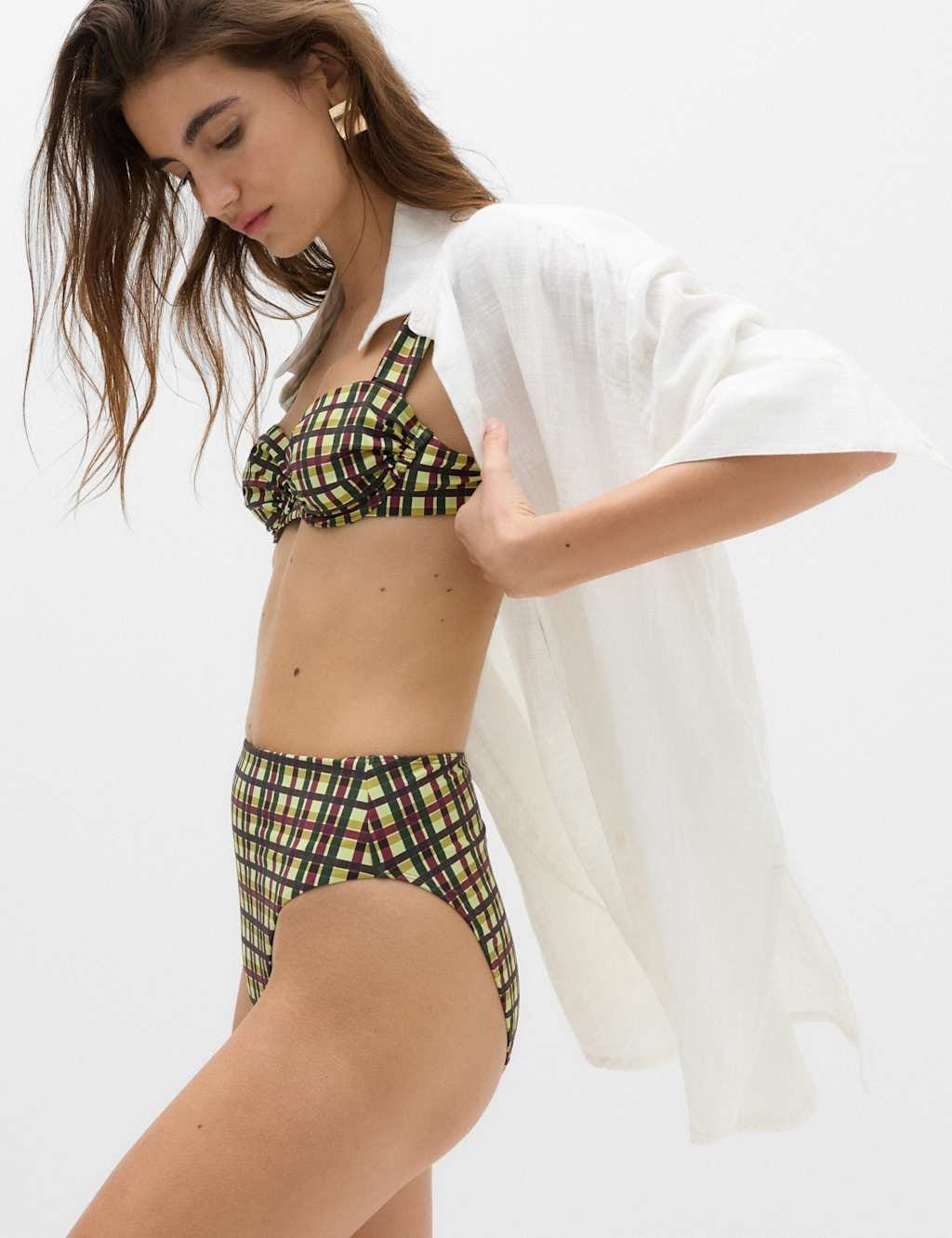 Marks & Spencer M&S Checked High Waisted High Leg Bikini Bottoms Green Mix - 1