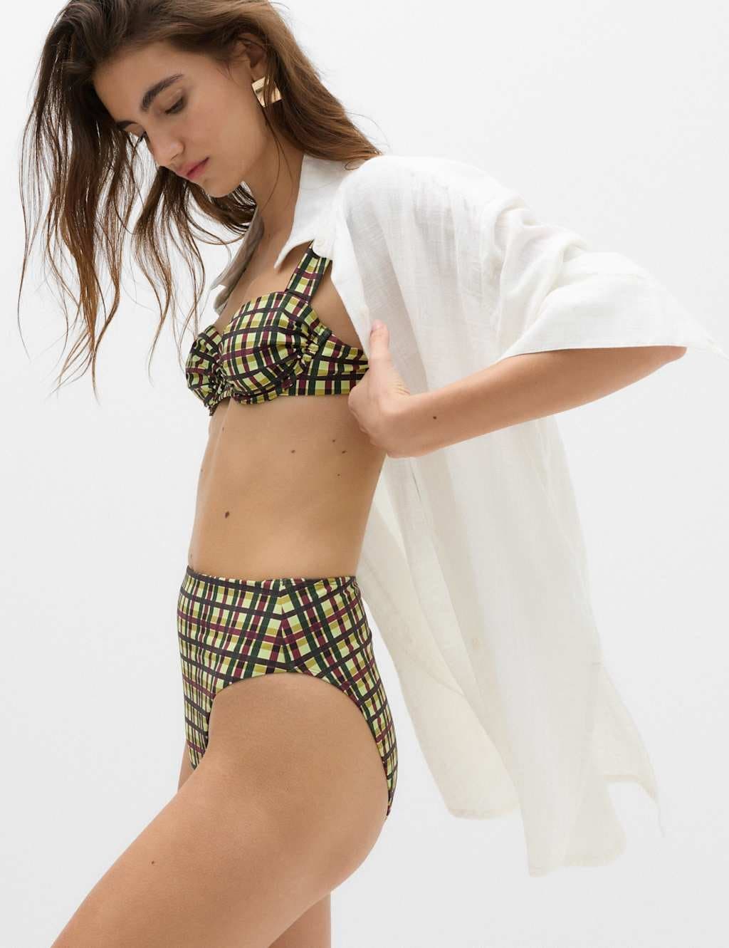 Marks & Spencer M&S Checked High Waisted High Leg Bikini Bottoms Green Mix