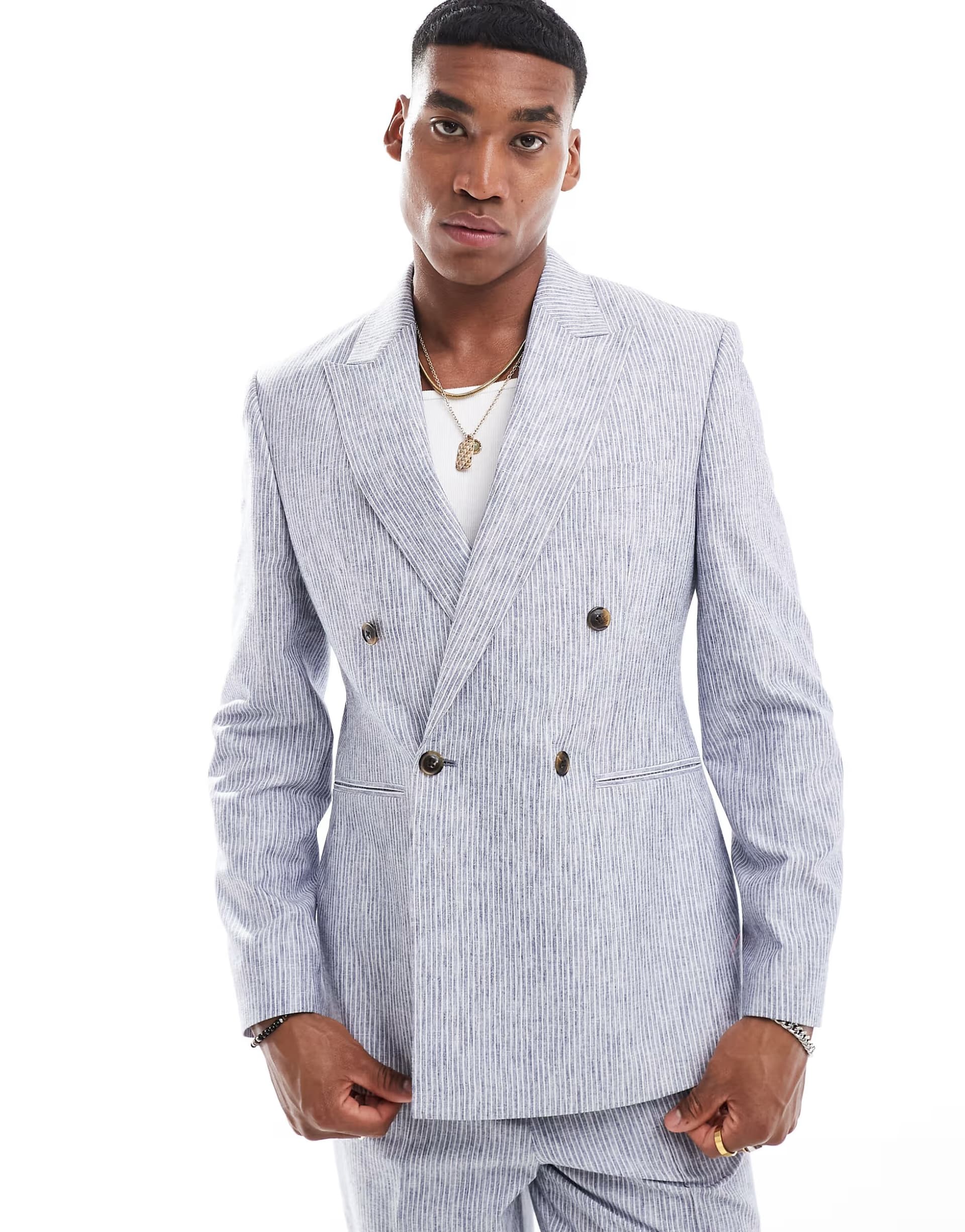 ASOS ASOS DESIGN slim double breasted suit jacket in blue linen stripe