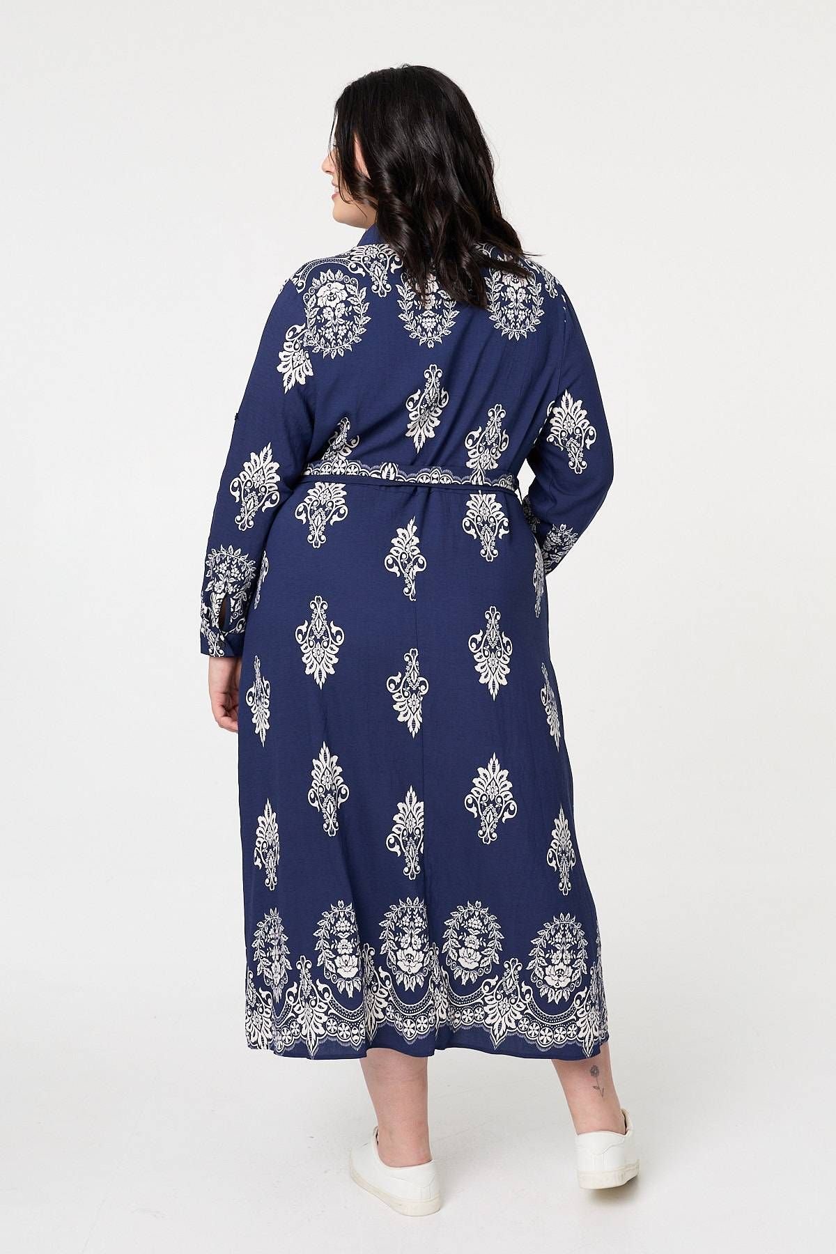 Izabel Curve Izabel Curve Women's Curve Baroque Print Maxi Shirt Dress in Navy - 3