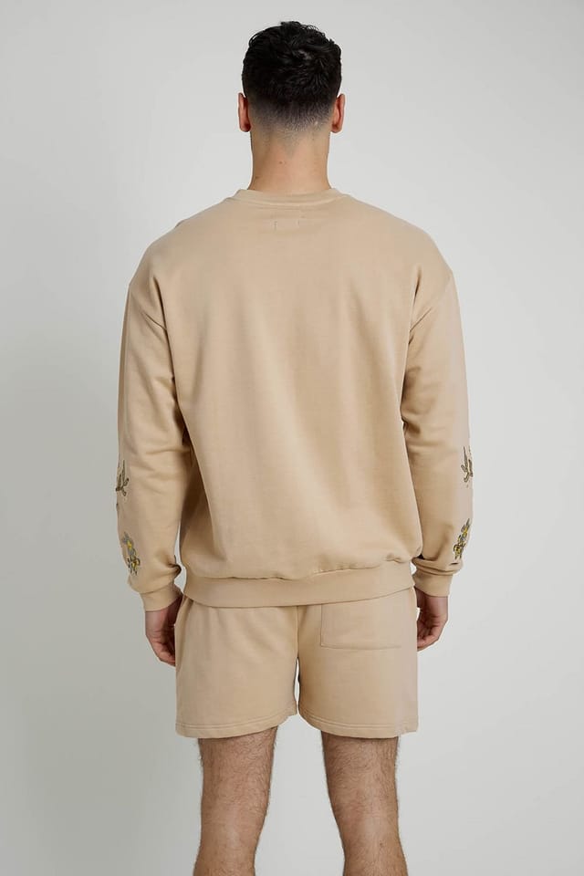 Native Youth Native Youth Men's Cotton Blend Floral Embroidered Crew Neck Long Sleeve Sweatshirt in Peach - 2