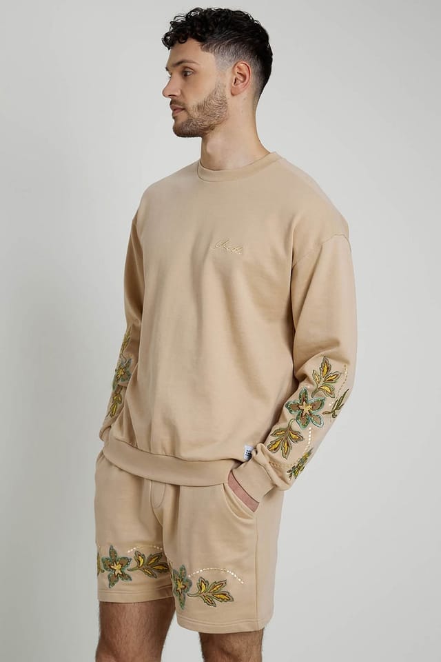 Native Youth Native Youth Men's Cotton Blend Floral Embroidered Crew Neck Long Sleeve Sweatshirt in Peach - 3